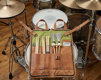 Handmade Goat Leather Drumstick Bag - Personalized Drum Stick Holder Case - Green Canvas Lining - Drummer Gift - Professional Gig Bag
