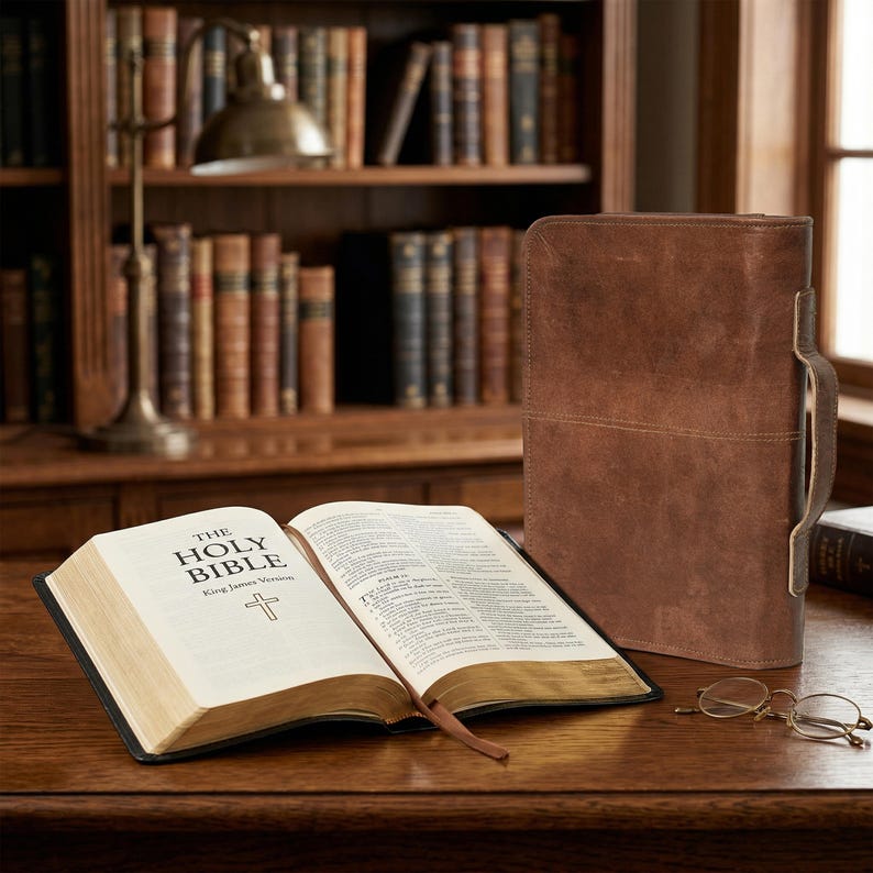 May include: An open Holy Bible with gold-edged pages and a brown leather cover lies on a wooden desk. A matching leather Bible case with a handle stands upright. A pair of eyeglasses rests nearby, with a bookshelf in the background.