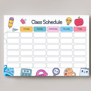 Puede incluir: Un horario de clases blanco con un patrón de cuadrícula, con el texto "Class Schedule" en la parte superior. El gráfico incluye ilustraciones coloridas de útiles escolares y días de la semana. El diseño es lúdico y adecuado para estudiantes.