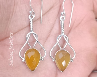 Natural Yellow Onyx Boho Earrings, 925 Sterling Silver Earrings, Handmade Silver Jewellery, Lovely Yellow Stone Earrings, Beautiful Gift