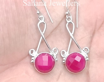Boucle d'oreille calcédoine rose vif naturelle, Boucles d'oreilles en argent sterling 925, Longues boucles d'oreilles, Boucles d'oreilles pendantes, Boucle d'oreille rose, Beau cadeau