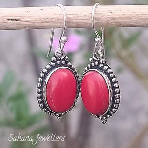 Natural Oval Shape Red Coral 925 Sterling Silver Earrings, Moonga Stack able Silver Earrings, Coral Jewellery, Moonga Jewellery