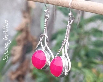 Boucle d'oreille calcédoine rose vif naturelle, Boucles d'oreilles en argent sterling 925, Longues boucles d'oreilles, Boucles d'oreilles pendantes, Boucle d'oreille rose, Beau cadeau