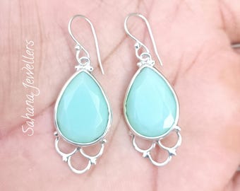 Chrysoprase Chalcedony Stone 925 Sterling Silver Earring, Chrysoprase Chalcedony Earrings, Green Chalcedony Earrings, Teardrop Earrings