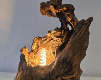 Designer table lamp, unique piece made from oak root, automatic day/night LED filament bulb, handmade wooden sculpture, indirect light