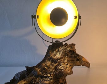 Designer table lamp made of oak root, Barcelona shade in black and gold, handmade wooden lamp, unique piece, modern table decoration, indirect light