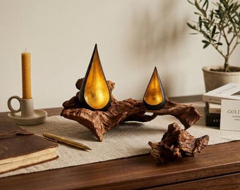 Lantern on oak root, handmade decorative sculpture, unique black and gold tealight holder, rustic wooden decoration, gift idea, windowsill