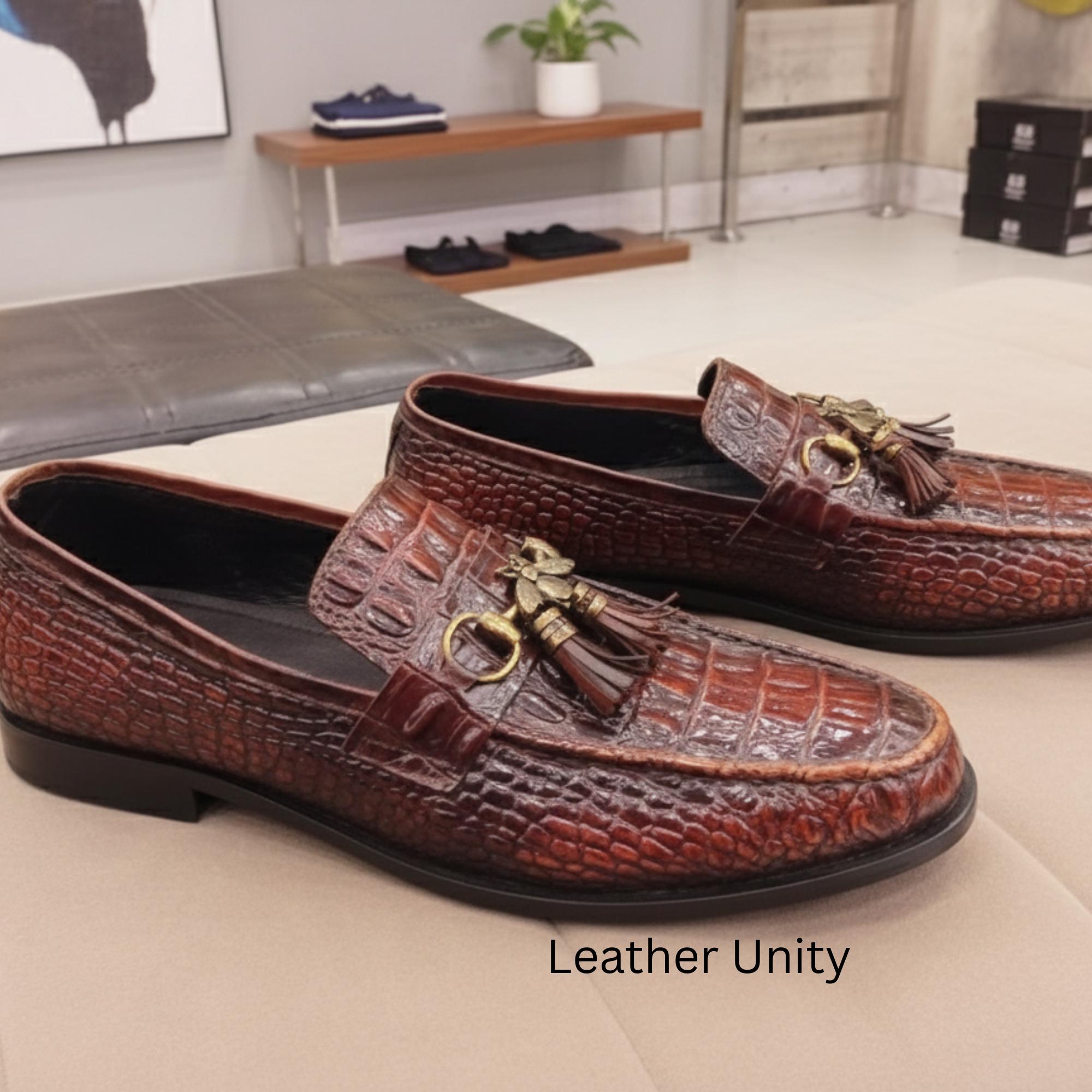 Wehmeiers Men’s Croc-Embossed Tassel Loafers in Dark Brown Journey Brown Croc Leather Lug Tassel Loafer main image 4