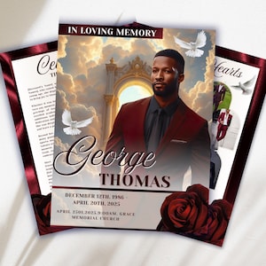 以下が含まれることがあります： バーガンディ色のスーツを着た男性の肖像画が特徴の追悼カード。上部には「In Loving Memory」の文字。名前「George Thomas」と日付、教会の名前も表示されています。