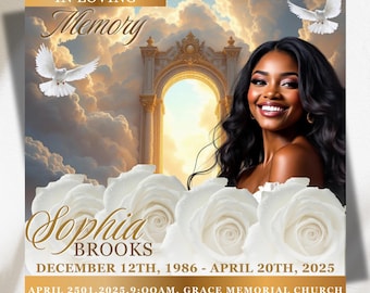 White Gold Roses Funeral Announcement Flyer: Editable Canva Template (Digital Download)