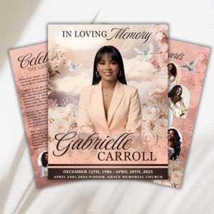 May include: A memorial card set with a soft pink and white floral design. The central card features a portrait of a woman and the text "IN LOVING Memory" and "Gabrielle Carroll". Additional cards include photos and text.