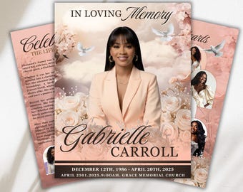 May include: A memorial card set with a soft pink and white floral design. The central card features a portrait of a woman and the text "IN LOVING Memory" and "Gabrielle Carroll". Additional cards include photos and text.