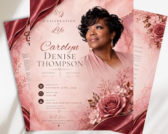 Pink Funeral Program Template | 8 Page Memorial Booklet | Celebration of Life Canva Editable Bifold (Canva PDF)