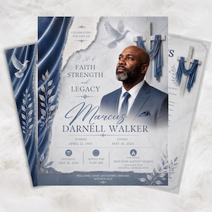 May include: A funeral program template featuring a portrait of a man in a suit, blue velvet curtains, a white dove, and a wooden cross. Text includes Celebrating the Life of, A Life of Faith Strength and Legacy, Marcus Darnell Walker, and service details.