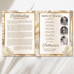May include: A memorial service program with gold accents. The left side features text titled "Celebrating The Life & Legacy." The right side lists the order of service and includes photos. White roses are in the corners.