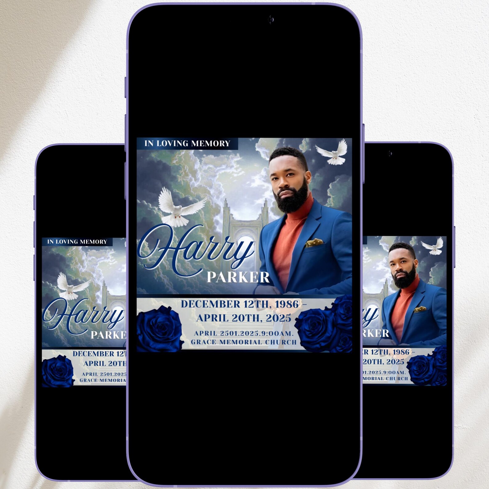 Blue Roses Funeral Announcement Flyer: Editable Canva Template (digital ...