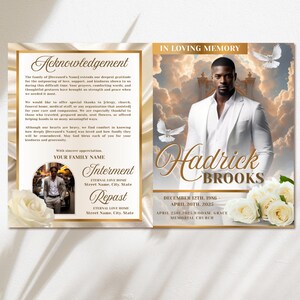May include: A memorial card with a portrait of a man in a white suit, the name "Hadrick Brooks" in gold script, and dates of birth and death. The card includes text about gratitude and remembrance, with white doves and flowers.