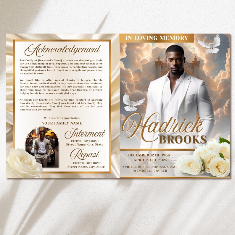 May include: A memorial card with a portrait of a man in a white suit, the name "Hadrick Brooks" in gold script, and dates of birth and death. The card includes text about gratitude and remembrance, with white doves and flowers.