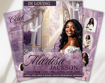 May include: A memorial card design with a portrait of a smiling woman, surrounded by floral and architectural elements. The card includes the name "Martisa Jackson" and dates of birth and passing, with the text "In Loving Memory".