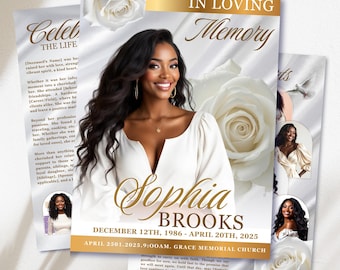 White Gold Roses Funeral Program Template: 8-Page Memorial (Canva PDF)