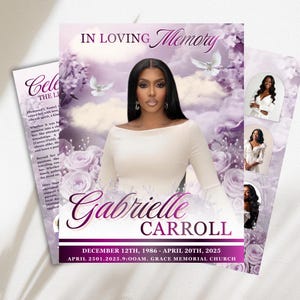 May include: A memorial card with a portrait of a woman, surrounded by floral and dove graphics. The card reads "In Loving Memory" and includes the name "Gabrielle Carroll" and dates of birth and passing. Additional text is visible.