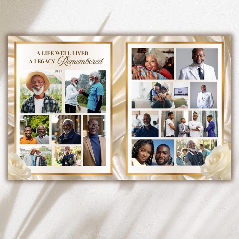 May include: A memorial card with a gold border and the text "A Life Well Lived, A Legacy Remembered." The card features a collage of photographs of people, with a cream-colored background and white roses.