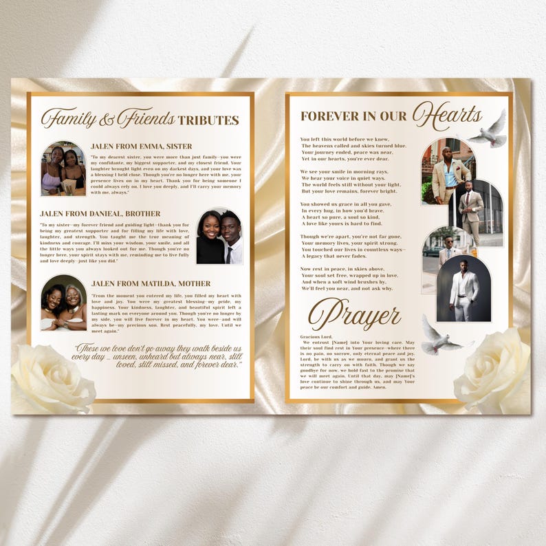 May include: A memorial card with a gold border, featuring family photos and text. The left side displays "Family & Friends Tributes" with photos and text. The right side says "Forever in Our Hearts" with a poem, photos, and a prayer.