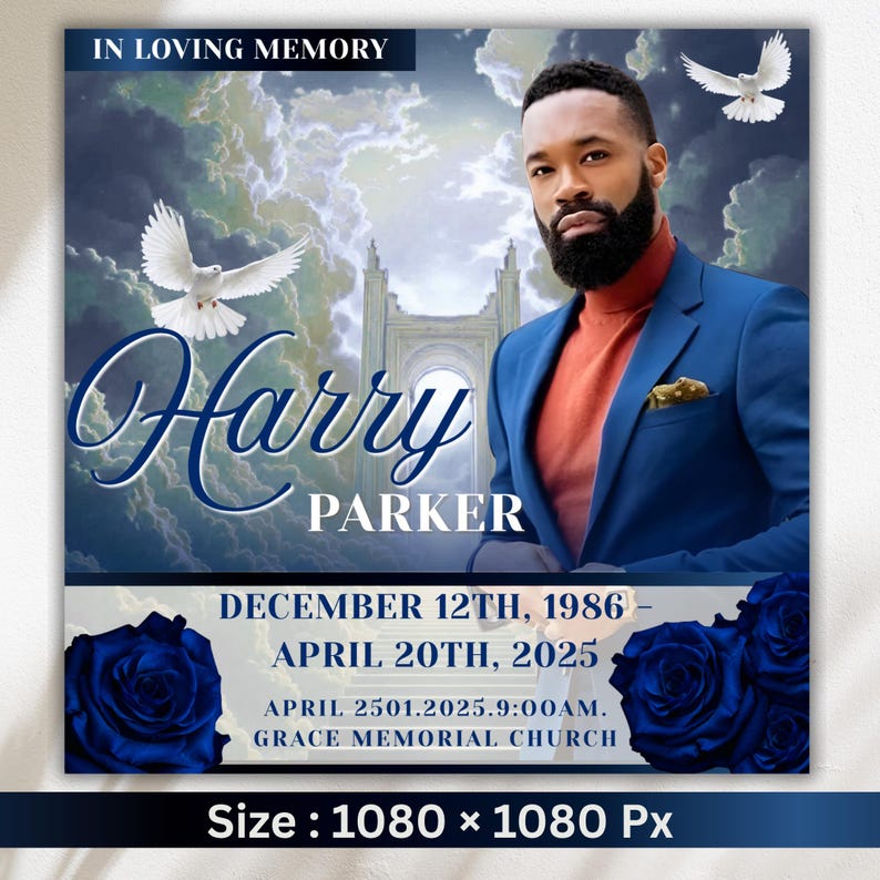 Blue Roses Funeral Announcement Flyer: Editable Canva Template (digital ...
