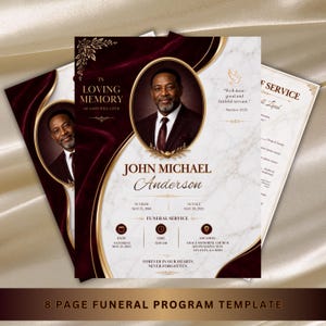 May include: An 8-page funeral program template featuring a portrait of a man in a suit within an oval frame. The design includes deep red velvet drapes, white marble textures, gold accents, and text reading In Loving Memory, John Michael Anderson.