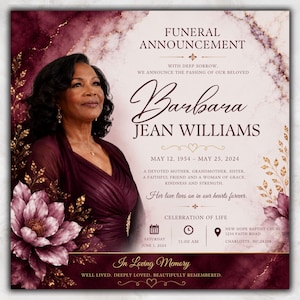 May include: A funeral announcement card featuring a portrait of a woman in a dark burgundy dress. The design includes a marble background, gold leaf accents, and large purple flowers. Text includes the name Barbara Jean Williams and event details.