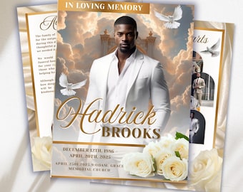 White Gold Roses Funeral Program Template: 8-Page Memorial (Canva PDF)
