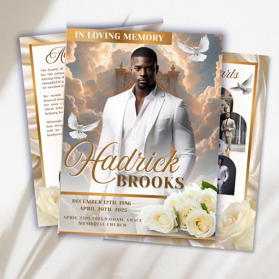 White Gold Roses Funeral Program Template: 8-Page Memorial (Canva PDF)