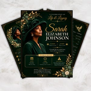 May include: A funeral program template featuring a dark green background with gold accents, a portrait of a person in a green hat, and the text A Celebration of Life & Legacy, Sarah Elizabeth Johnson, Sunrise March 15, 1950, and Sunset May 20, 2024.