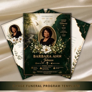 Può includere: Un modello di programma funebre con sfondo in marmo verde scuro e accenti dorati. La copertina mostra un ritratto di Barbara Ann Johnson, un fiore di magnolia bianco, un ponte e una colomba. Il testo include date e dettagli del servizio.