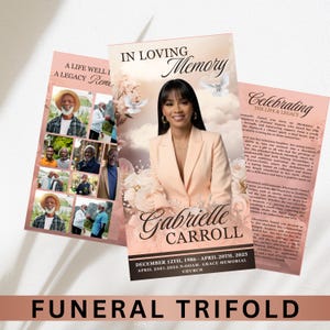 May include: Funeral trifold design with a soft pink and cream color scheme. The design includes a portrait of a woman, floral accents, and text that reads "In Loving Memory" and "Celebrating The Life & Legacy."