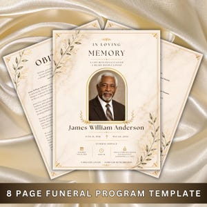 May include: An 8-page funeral programme template featuring a cream-coloured marble background with gold leaf accents. The cover displays the text In Loving Memory, a portrait of a man, the name James William Anderson, and service details.