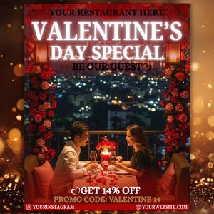 以下が含まれることがあります： バレンタインデーの特別広告。レストランで食事をするカップルの画像。テキストには「VALENTINE'S DAY SPECIAL」と「GET 14% OFF」と書かれています。赤いバラと街並みの背景が含まれています。