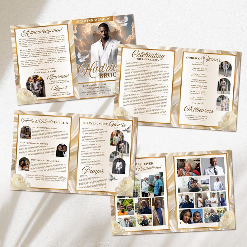 May include: A memorial service program with a gold and cream color scheme. The program includes photos, text, and the words "In Loving Memory," "Celebrating the Life & Legacy," and "Forever in Our Hearts."