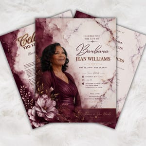 May include: A funeral program template featuring a portrait of a woman in a dark dress, set against a burgundy and white marble background with gold floral accents. The text reads Celebrating the Life of Barbara Jean Williams, May 12, 1954 – May 25, 2024, and service details.