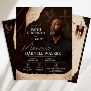 May include: A funeral program template featuring a portrait of a man, deep red velvet curtains, and a dove. Text includes Celebrating the Life of, A Life of Faith Strength and Legacy, Marcus Darnell Walker, Sunrise April 12, 1965, Sunset May 18, 2024.