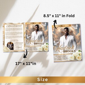May include: A memorial card with a portrait of a man in a white suit, the name "Hadrick Brooks", and dates. The card is 8.5 x 11 inches when folded and 17 x 11 inches unfolded. White roses and doves are also featured.