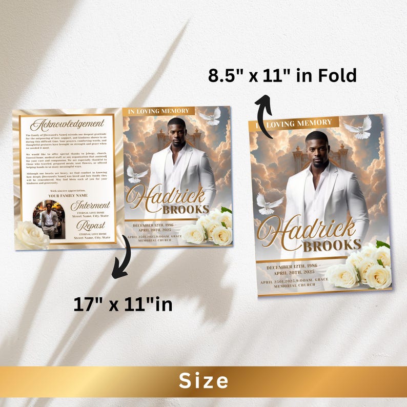 May include: A memorial card with a portrait of a man in a white suit, the name "Hadrick Brooks", and dates. The card is 8.5 x 11 inches when folded and 17 x 11 inches unfolded. White roses and doves are also featured.