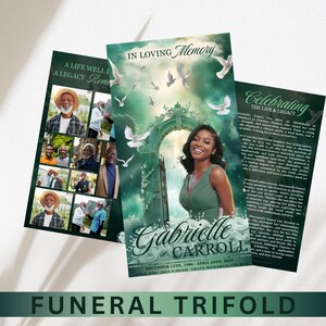 Può includere: Pieghevole funebre a tre ante con il testo "In Loving Memory" e "Celebrating the Life & Legacy". Il pieghevole presenta una foto di una donna, colombe e il nome "Gabrielle Carroll".