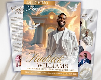 White Gold Roses Funeral Program Template: 8-Page Memorial (Canva PDF)