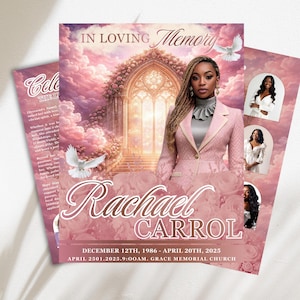 May include: A memorial announcement with a pink and white color scheme. The announcement includes the text "In Loving Memory" and "Rachael Carrol". The announcement also includes the dates December 12th, 1986 - April 20th, 2025.