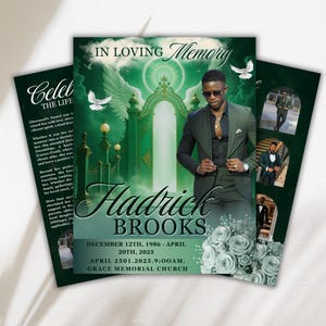 Könnte beinhalten: Eine Gedenkkarte mit dem Text "In Loving Memory" und "Hadrick Brooks". Die Karte zeigt ein Foto eines Mannes im Anzug, Tauben und florale Akzente. Die Geburts- und Sterbedaten sind ebenfalls enthalten.