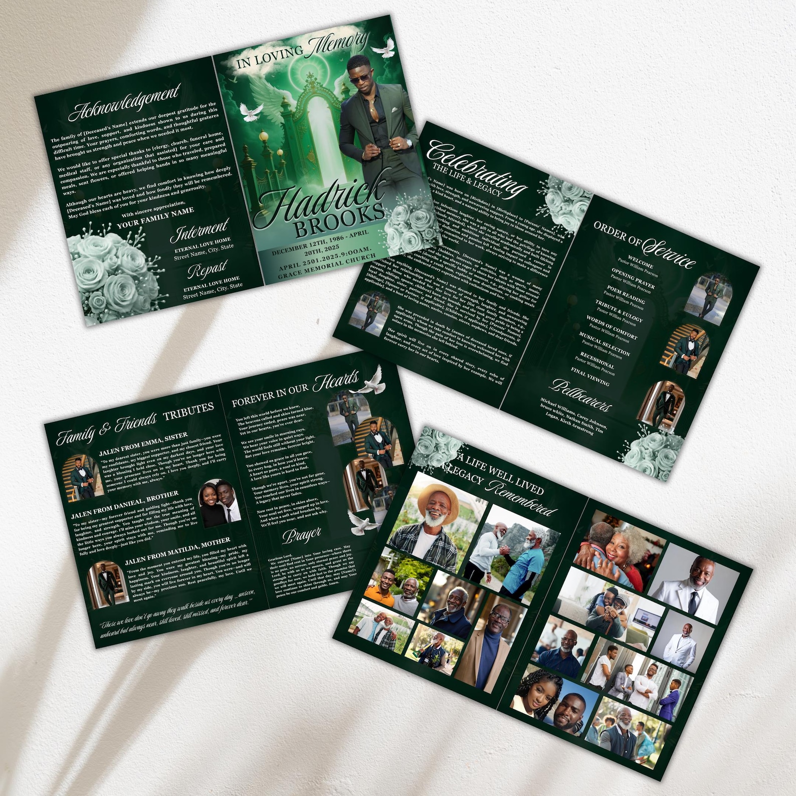 Emerald Green Roses Funeral Program Template: 8-page Memorial (canva ...