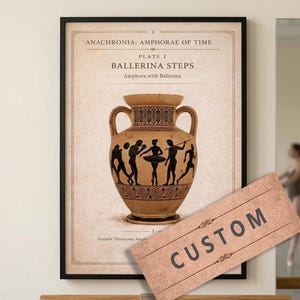 May include: Framed print featuring an ancient terracotta amphora with a black illustration of ballerinas and figures. The print is titled "Ballerina Steps" and includes the text "CUSTOM" on a small sign.