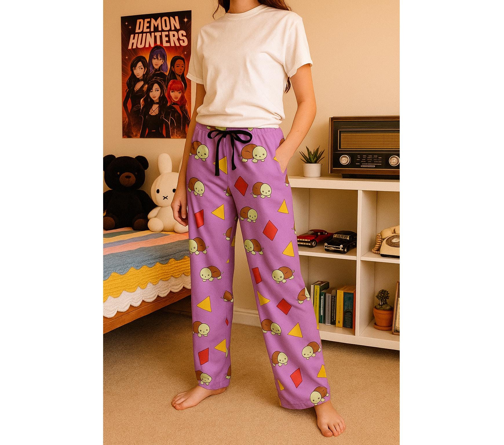Kpop Demon Hunters Pajama Pants, Colorful Turtle Pattern, Cozy