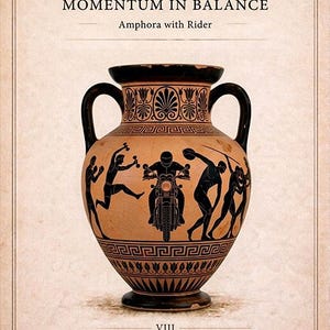 Puede incluir: Ánfora de terracota con figuras negras que representan atletas y un motorista. El jarrón tiene un borde y asas negras, con el texto "ANACHRONIA: AMPHORAE OF TIME" y "MOMENTUM IN BALANCE".
